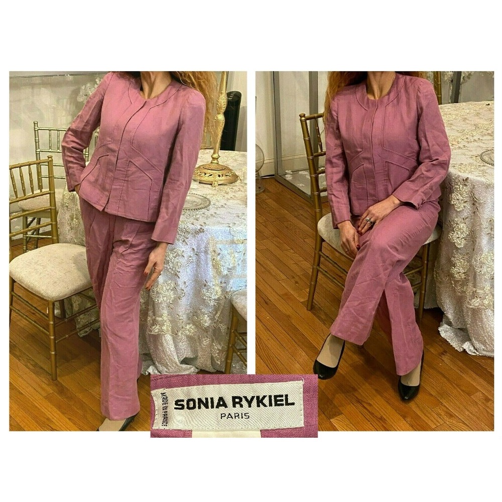 VTG SONIA RYKIEL PARIS FRANCE ROSE LINEN 2 PIECE PANT SUIT ENSEMBLE OUTFIT 38 S